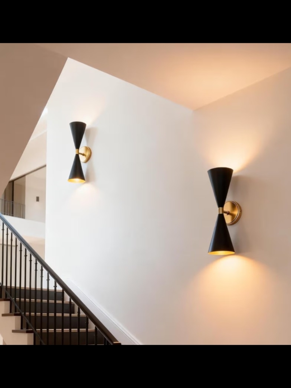 Modern And Sleek Double Cone Wall Sconces in Matte Black and Gold - Pair - Picture 8 of 8
